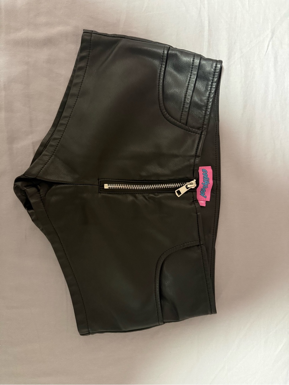 Edikted Black Faux Leather High-Waist Zip Shorts